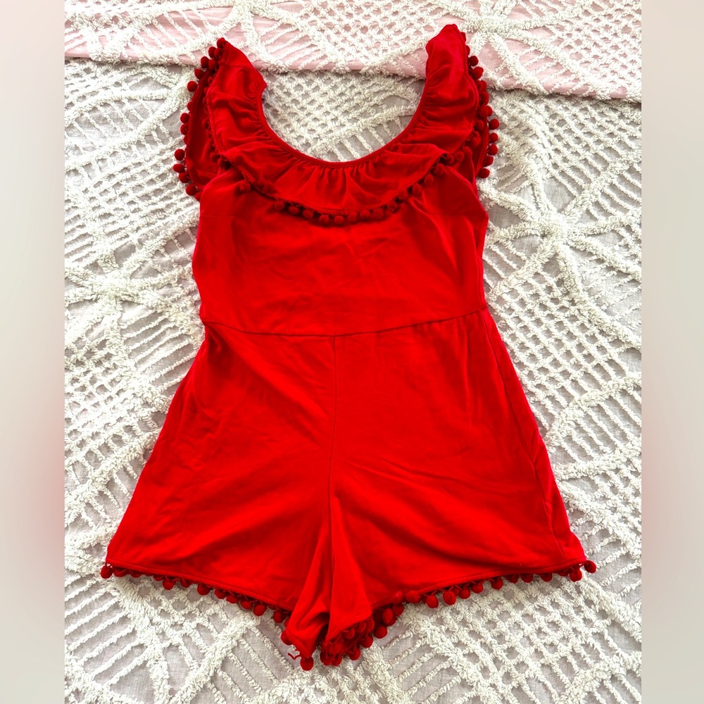 Urban Outfitters Red Pom Romper Sz Sm/Med